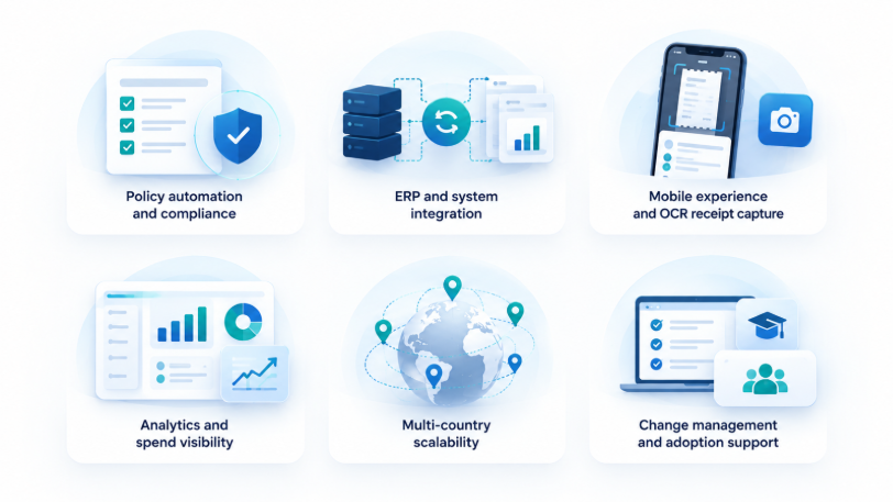 Checklist graphic of key evaluation criteria for travel and expense software