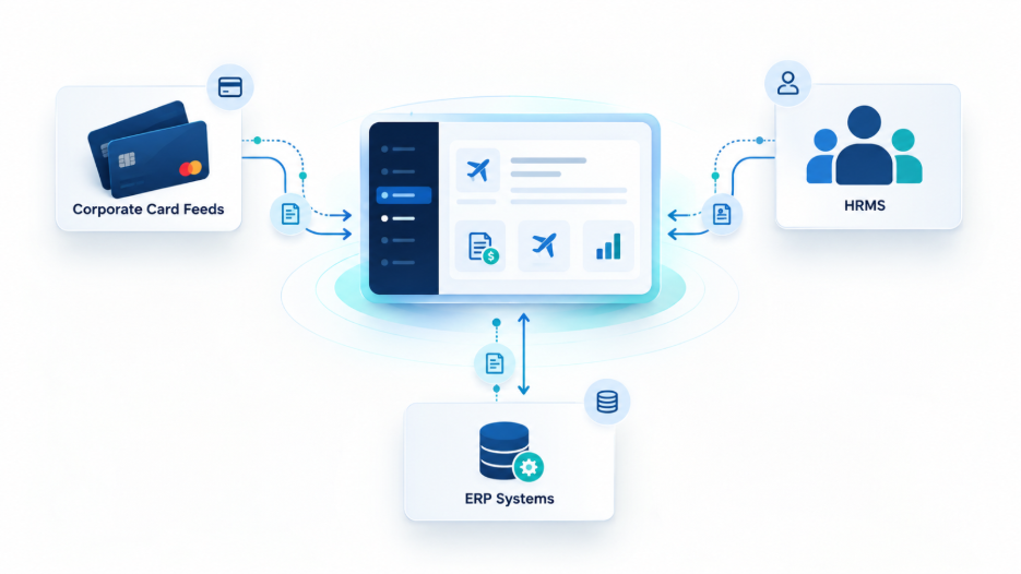 Diagram showing how travel and expense software connects to ERP, HRMS, and card feeds
